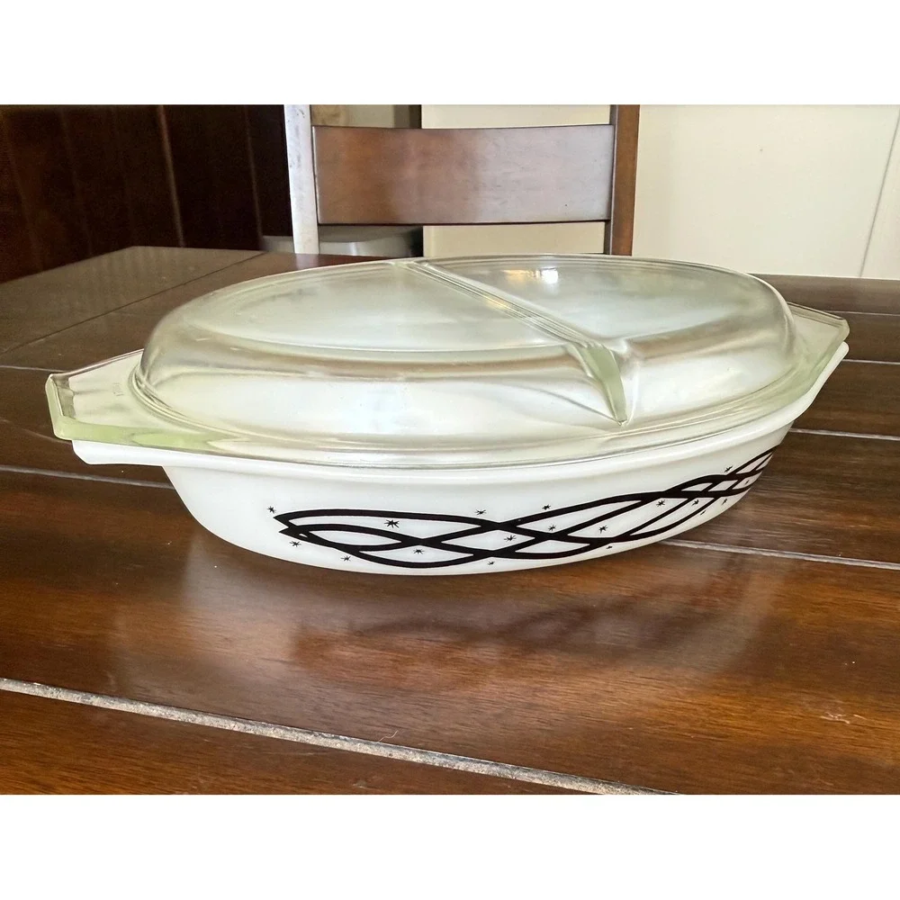 VTG MCM Rare Pyrex Stars & Barbed Wire Divided Oval Casserole Dish & Lid